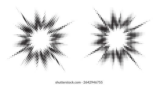 Halftone circle dotted frame circularly distributed set. Abstract dots logo emblem design element. Round border Icon using random halftone circle dot texture. Half tone circular background pattern.