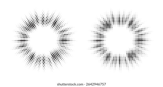 Halftone circle dotted frame circularly distributed set. Abstract dots logo emblem design element. Round border Icon using random halftone circle dot texture. Half tone circular background pattern.