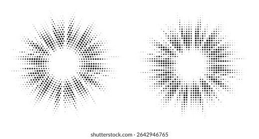 Halftone circle dotted frame circularly distributed set. Abstract dots logo emblem design element. Round border Icon using random halftone circle dot texture. Half tone circular background pattern.