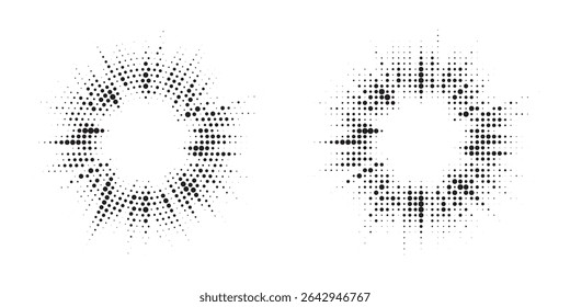 Halftone circle dotted frame circularly distributed set. Abstract dots logo emblem design element. Round border Icon using random halftone circle dot texture. Half tone circular background pattern.