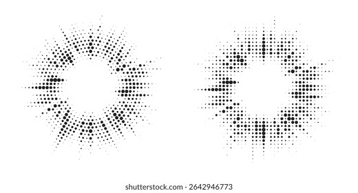 Halftone circle dotted frame circularly distributed set. Abstract dots logo emblem design element. Round border Icon using random halftone circle dot texture. Half tone circular background pattern.