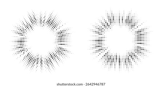 Halftone circle dotted frame circularly distributed set. Abstract dots logo emblem design element. Round border Icon using random halftone circle dot texture. Half tone circular background pattern.