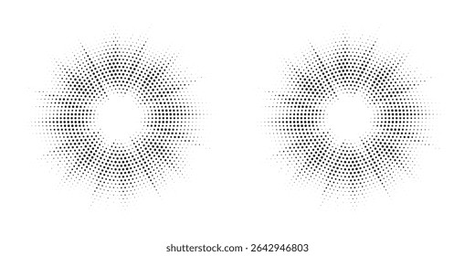 Halftone circle dotted frame circularly distributed set. Abstract dots logo emblem design element. Round border Icon using random halftone circle dot texture. Half tone circular background pattern.