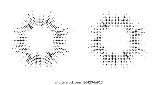 Halftone circle dotted frame circularly distributed set. Abstract dots logo emblem design element. Round border Icon using random halftone circle dot texture. Half tone circular background pattern.