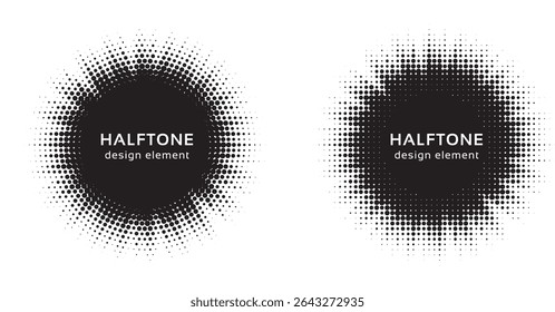 Halftone circle dotted frame circularly distributed set. Abstract dots logo emblem design element. Round border Icon using random halftone circle dot texture. Half tone circular background pattern.