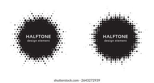 Halftone circle dotted frame circularly distributed set. Abstract dots logo emblem design element. Round border Icon using random halftone circle dot texture. Half tone circular background pattern.