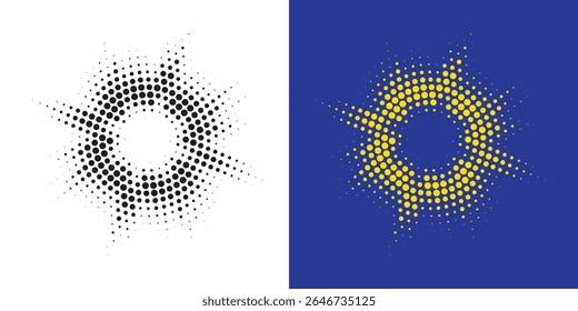 Halftone circle dotted frame circularly set. Abstract dots logo emblem design element. Round border Icon using random halftone circle dot texture. Half tone circular background pattern.	