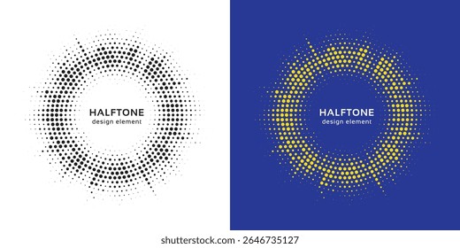 Halftone circle dotted frame circularly set. Abstract dots logo emblem design element. Round border Icon using random halftone circle dot texture. Half tone circular background pattern.	