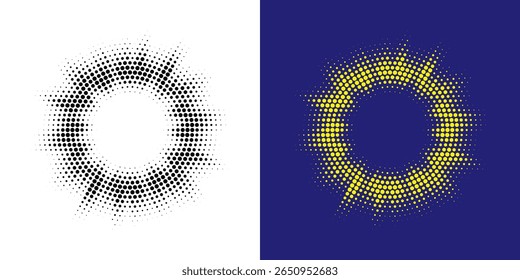 Halftone circle dotted frame circularly distributed set. Abstract dots logo emblem design element. Round border Icon using random halftone circle dot texture. Half tone circular background pattern.	