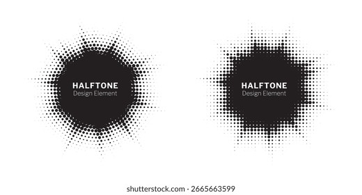 Círculo de meio-tom com quadro pontilhado distribuído circularmente definido. Abstrato pontos logotipo emblema elemento de design. Ícone de borda arredondada usando textura de ponto de círculo de meio-tom aleatório. Padrão de plano de fundo circular de meio tom.