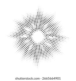 Círculo de meio-tom com quadro pontilhado distribuído circularmente definido. Abstrato pontos logotipo emblema elemento de design. Ícone de borda arredondada usando textura de ponto de círculo de meio-tom aleatório. Padrão de plano de fundo circular de meio tom.