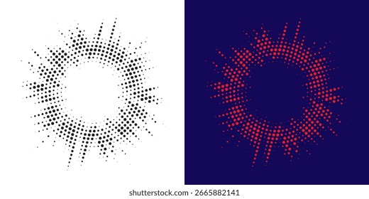 Halftone circle dotted frame circularly distributed set. Abstract dots logo emblem design element. Round border Icon using random halftone circle dot texture. Half tone circular background pattern.