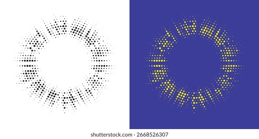Conjunto circularmente distribuido de marco punteado de círculo de semitono. Elemento de diseño de emblema de logotipo de puntos Abstractas. Icono de borde redondo usando textura de punto circular de semitono aleatorio. Patrón de fondo circular de medio tono.