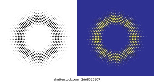Conjunto circularmente distribuido de marco punteado de círculo de semitono. Elemento de diseño de emblema de logotipo de puntos Abstractas. Icono de borde redondo usando textura de punto circular de semitono aleatorio. Patrón de fondo circular de medio tono.