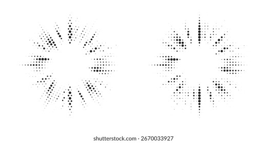 Halftone circle dotted frame circularly distributed set. Abstract dots logo emblem design element. Round border Icon using random halftone circle dot texture. Half tone circular background pattern.	