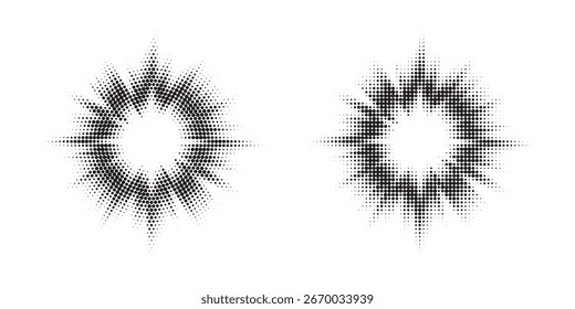 Halftone circle dotted frame circularly distributed set. Abstract dots logo emblem design element. Round border Icon using random halftone circle dot texture. Half tone circular background pattern.	