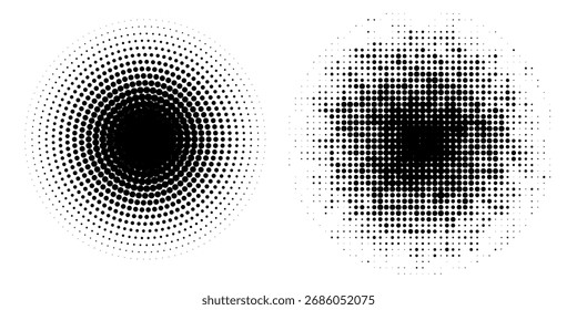 Halftone circle dotted frame circularly distributed set. Abstract dots logo emblem design element. Round border Icon using random halftone circle dot texture.