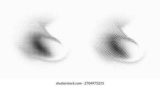 Conjunto circularmente distribuido de marco punteado de círculo de semitono. Elemento de diseño de emblema de logotipo de puntos Abstractas. Icono de borde redondo usando textura de punto circular de semitono aleatorio.

