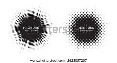 Halftone circle dotted frame circularly distributed set. Abstract dots logo emblem design element. Round border Icon using random halftone circle dot texture. Half tone circular background pattern.
