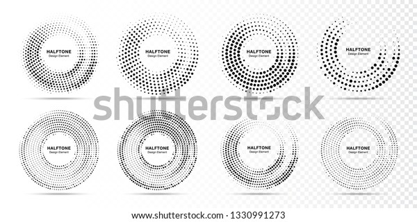円状に分散したハーフトーン円点状フレームセット 抽象的なドットのロゴエンブレム デザインエレメント ランダムな円のドットラスターテクスチャを使用する丸い境界アイコン ハーフトーンの円形の背景パターン のベクター画像素材 ロイヤリティフリー 1330991273