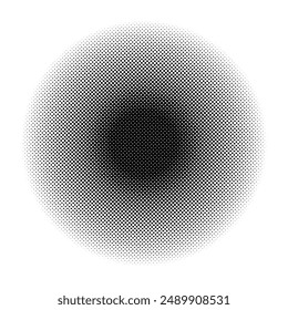 Halftone circle. Dotted monochrome gradient backdrop. Circular dotted background. Black Point round texture shape. Halftone dots simple pattern on a white background.
