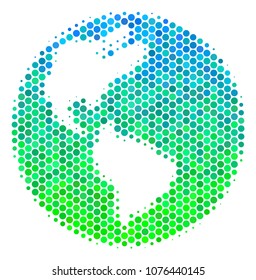 Halftone circle Earth pictogram. Icon in green and blue color hues on a white background. Vector concept of earth icon made of round spots.