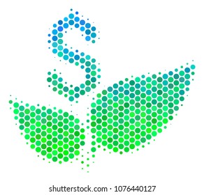 Halftone circle Eco Startup pictogram. Icon in green and blue color tints on a white background. Vector composition of eco startup icon done of circle dots.