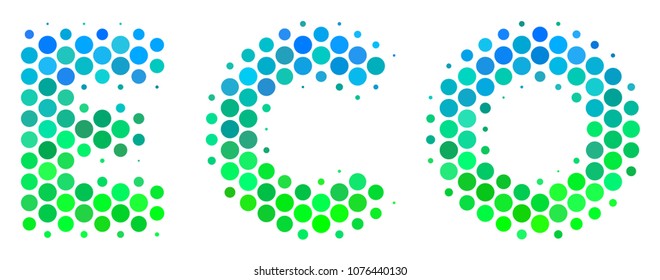 Halftone circle Eco Text pictogram. Icon in green and blue color tints on a white background. Vector pattern of eco text icon designed of sphere elements.