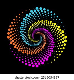 Halftone circle element. Multicolor dotted spiral vortex vector art. Orange, pink, yellow and blue dots swirl pattern round shape isolated on black background.