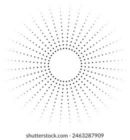 Elemento circular de semitonos. Estallido solar, patrón de estallido solar. Radial, líneas radiantes. Ilustración vectorial, estrella brillante y parpadeo