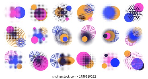 Halftone circle elements. Abstract geometric shapes, round halftone dots gradient design elements. Circle pop art halftone shapes vector illustration set. Halftone colorful, circle gradient design