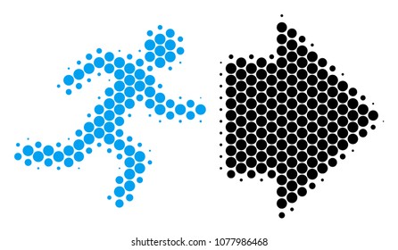 Halftone circle Exit Direction icon. Pictogram on a white background. Vector mosaic of exit direction icon created of circle blots.