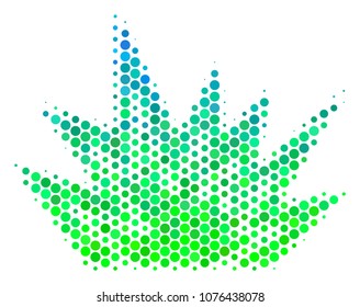 Halftone circle Explosion Boom pictogram. Pictogram in green and blue shades on a white background. Vector pattern of explosion boom icon organized of spheric pixels.