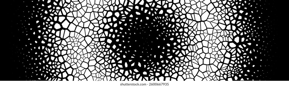 Halftone Circle Fade Effect Organic Polygon Pattern. Abstract Texture with Geometric Gradation Effect. Irregular Mosaic Background for Design and Comic Prints. Monochrome Vector Illustration.
