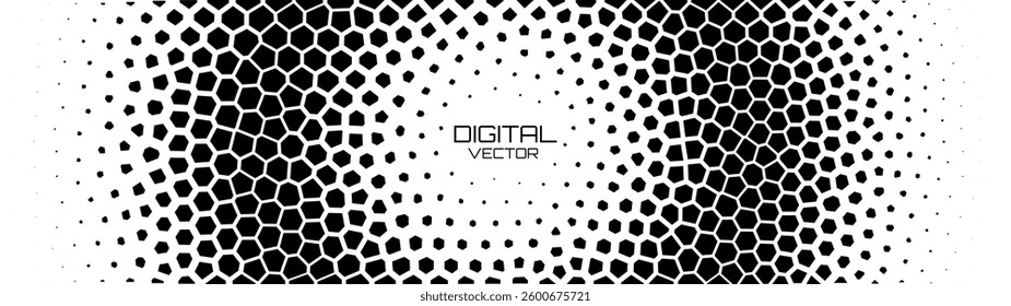 Halftone Circle Fade Effect Organic Polygon Pattern. Abstract Texture with Geometric Gradation Effect. Irregular Mosaic Background for Design and Comic Prints. Monochrome Vector Illustration.