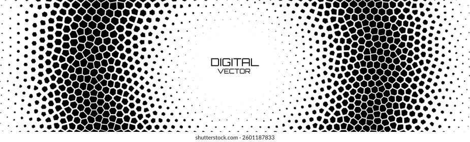 Halftone Circle Fade Effect Organic Polygon Pattern. Abstract Texture with Geometric Gradation Effect. Irregular Mosaic Background for Design and Comic Prints. Monochrome Vector Illustration.