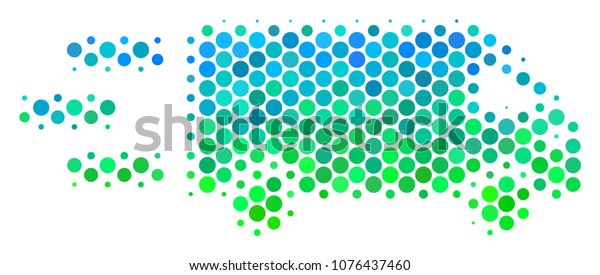Halftone circle Fast\
Delivery Car icon. Icon in green and blue color tints on a white\
background. Vector composition of fast delivery car icon designed\
of spheric elements.