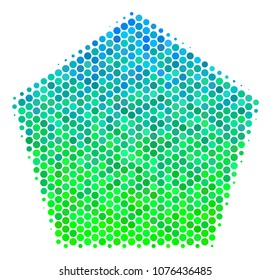 Halftone circle Filled Pentagon pictogram. Icon in green and blue color hues on a white background. Vector concept of filled pentagon icon made of spheric blots.