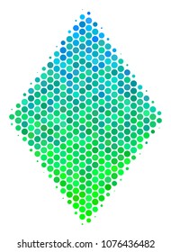 Halftone circle Filled Rhombus icon. Pictogram in green and blue color tones on a white background. Vector collage of filled rhombus icon made of round pixels.