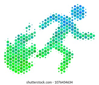 Halftone circle Fired Running Man pictogram. Pictogram in green and blue color tints on a white background. Vector mosaic of fired running man icon organized of circle elements.