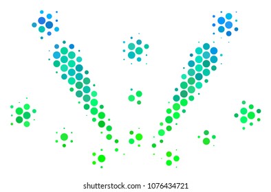 Halftone circle Fireworks Explosion icon. Pictogram in green and blue color hues on a white background. Vector composition of fireworks explosion icon designed of sphere blots.