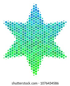 Halftone circle Fireworks Star icon. Pictogram in green and blue color hues on a white background. Vector composition of fireworks star icon composed of sphere blots.