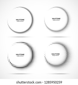 Halftone circle frame abstract dots logo emblems. Set for medical, treatment, cosmetic. Collection of Half moon halftone design elements.  Vector illustration.