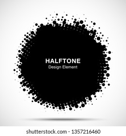 Halftone circle frame abstract dots logo emblem design element. Half tone circular icon. Grunge round border using halftone circle dots raster texture. Vector illustration. 