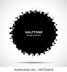 Halftone circle frame abstract dots logo emblem design element. Half tone circular icon. Grunge round border using halftone circle dots raster texture. Vector illustration. 