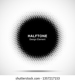 Halftone circle frame abstract dots logo emblem design element. Half tone circular icon. Grunge round border using halftone circle dots raster texture. Vector illustration. 