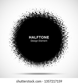 Halftone circle frame abstract dots logo emblem design element. Half tone circular icon. Grunge round border using halftone circle dots raster texture. Vector illustration. 