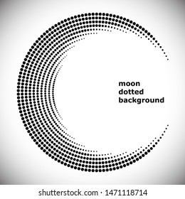 Halftone circle frame, abstract dots logo emblem design element for any projects. Round border icon. Abstract dotted vector background like muslim religion silhouette of moon symbol.