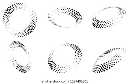 Halftone circle frame, abstract dots logo emblem design element for any project. Round border icon or backgroud. Vector EPS10 illustration. Abstract dotted halftone vector with differents perspective.