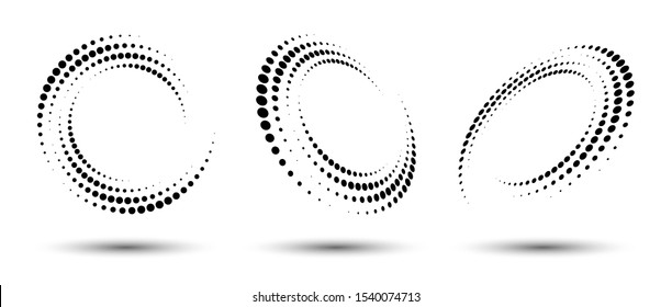 Halftone circle frame, abstract dots logo emblem design element for any project. Round border icon or backgroud. Vector EPS10 illustration. Abstract dotted halftone vector with differents perspective